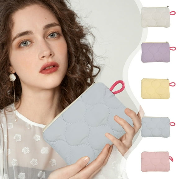 Knitted Woolen Coin Purse | Zipper Closure Mini Cosmetic Bag | Striped Color-Block Organizer for Coins, Makeup, Stationery | Polyester High-Density | 16x11x3cm | White Pink Blue Yellow Purple