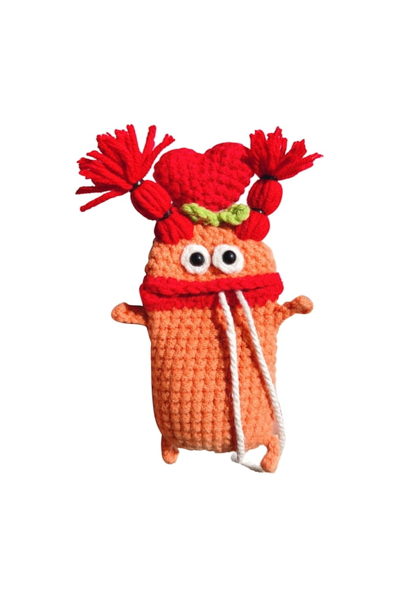 Knitted Yarn Car Key Case, Cute Cartoon Character Design - with Red Heart Decoration, Fluffy Tassels, Soft Handmade Knit Texture, Durable Key Holder & Organizer - for Car Owners, Daily Use, Gift for