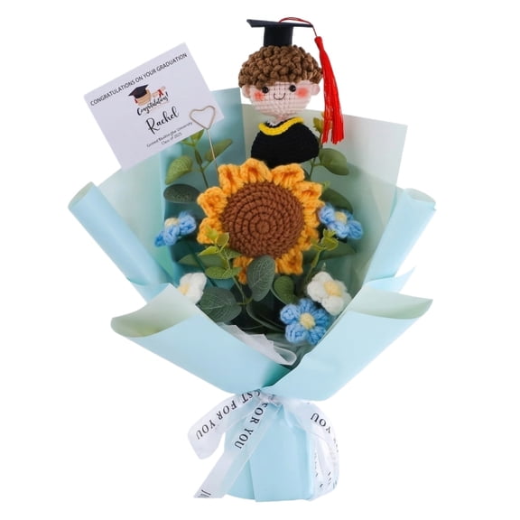Knitted Yarn Sunflower Puff Bouquet, Handmade Crochet Flower Gift for Graduation, Adult Birthday, Classmates and Friends