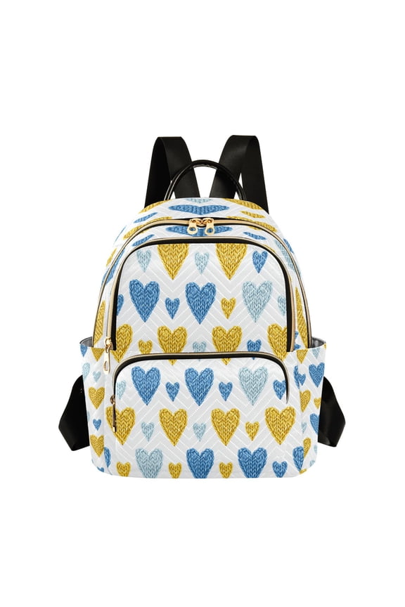 Knitted Yellow Blue Hearts Valentine Quilted Backpack Fashion Daypack Commuter Bag for Women 8.5 L