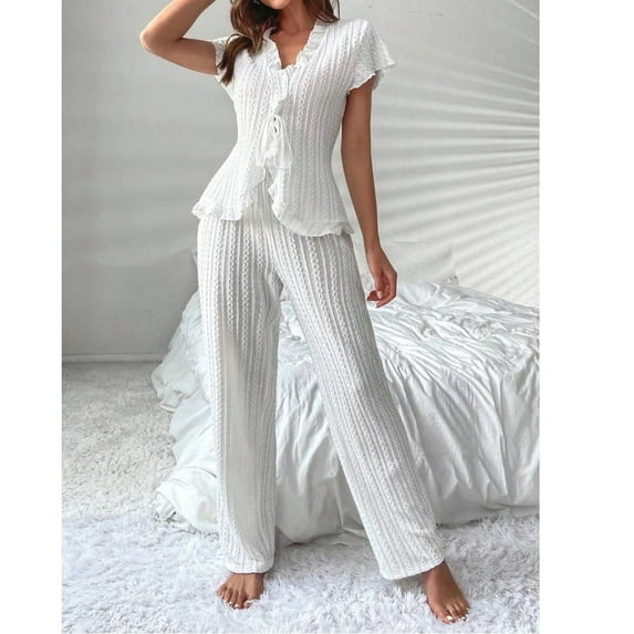Knitted cardigan with drawstring, women's beaded earflap short-sleeved top, home wear set