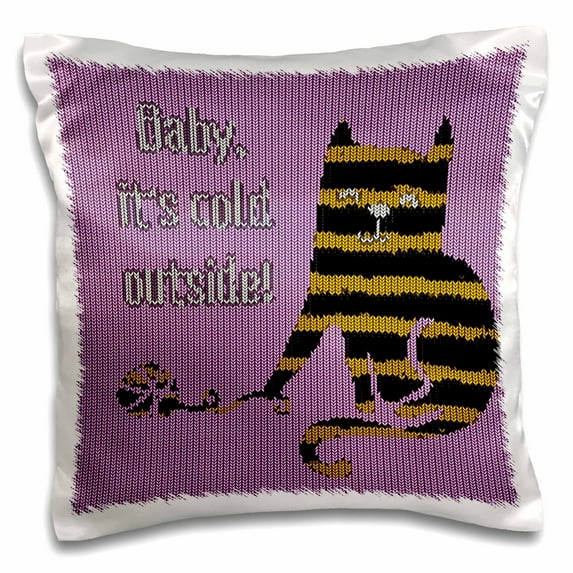 3dRose, Knitted cat winter illustration with text Baby its cold outside, 16x16 inch Pillow Case