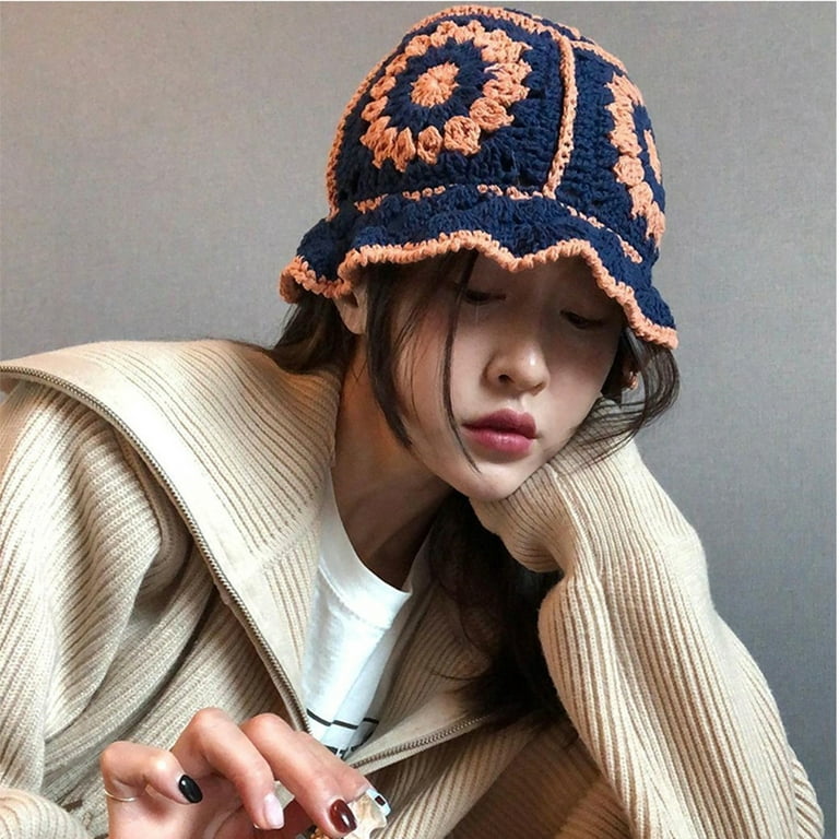 Knitted garden fisherman hat women's early autumn trend cover face hollow  bucket hat Korean style tide basin hat/navy blue