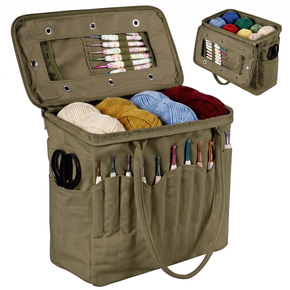 Knitting Bag, Canvas Crochet Yarn Storage Bag Large Capacity Crochet Organizer Bag with Multiple Pockets and Yarn Holes for Crochet Lovers, Mom, Grandma, Birthday Gifts