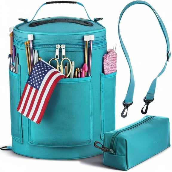 Knitting Bag Yarn Storage - Christmas - Durable Canvas Yarn Holder for Crochet Accessories - Organizer Crochet Bag with Knitting Accessories Case (Turquoise)
