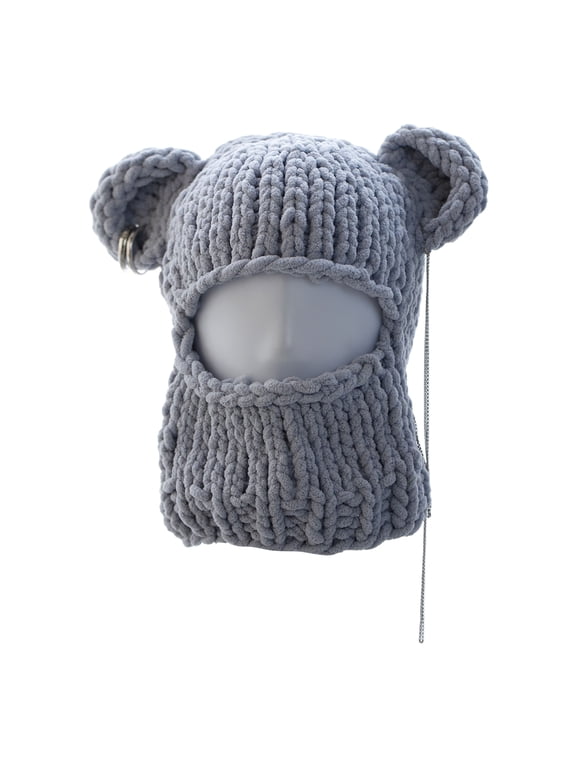 Knitting Cap for Women Cute Bear Ears Plush Hat Handmade Face Cover Hat Crochet Hooded Hat for Party