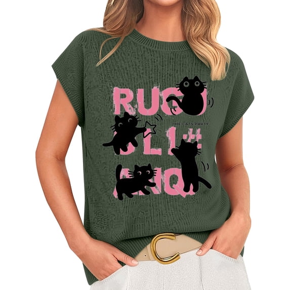 Knitting Cat T-Shirt Cute Basic Tops For Women Comfort Colors Tshirt Women Trending Womens Clothes Solid Color Work Blouses T-Shirt For Women Casual Summer Loose Fit Tee Shirt Women