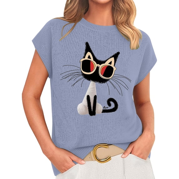 Knitting Cat T-Shirt Short Sleeve Crochet Sweater T-Shirt For Women Casual Summer Business Casual Women Boho Graphic Tees For Women Cute Graphic Tees For Women Loose Fit Shirt Women