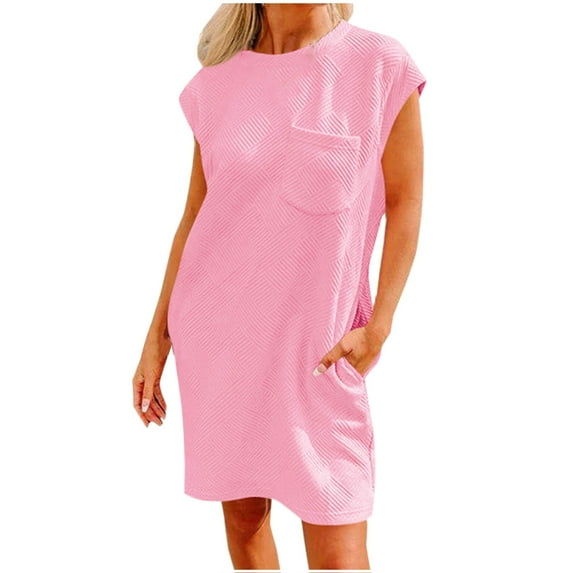 Knitting Cotton Dress for Women Solid Color Short Sleeve T-Shirt Dress Casual Summer Loose Flowy Midi Dresses with Pockets