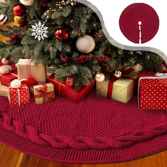 Knitting Cotton Trees Skirt 24.4" Red Knitted Christmas Tree Skirt with Sleigh Design Extra-Large Holiday Decoration for Tree Bottom(1Pcs) NCHKUN