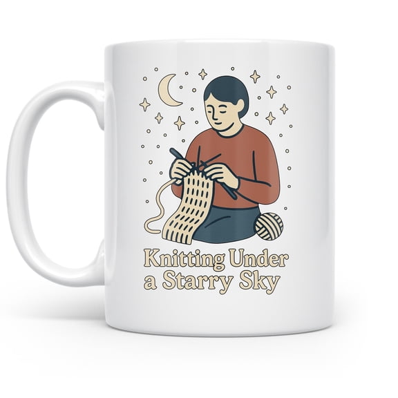 Knitting 11 oz Coffee Mug - Starry Lino Art Prints White Ceramic Gift