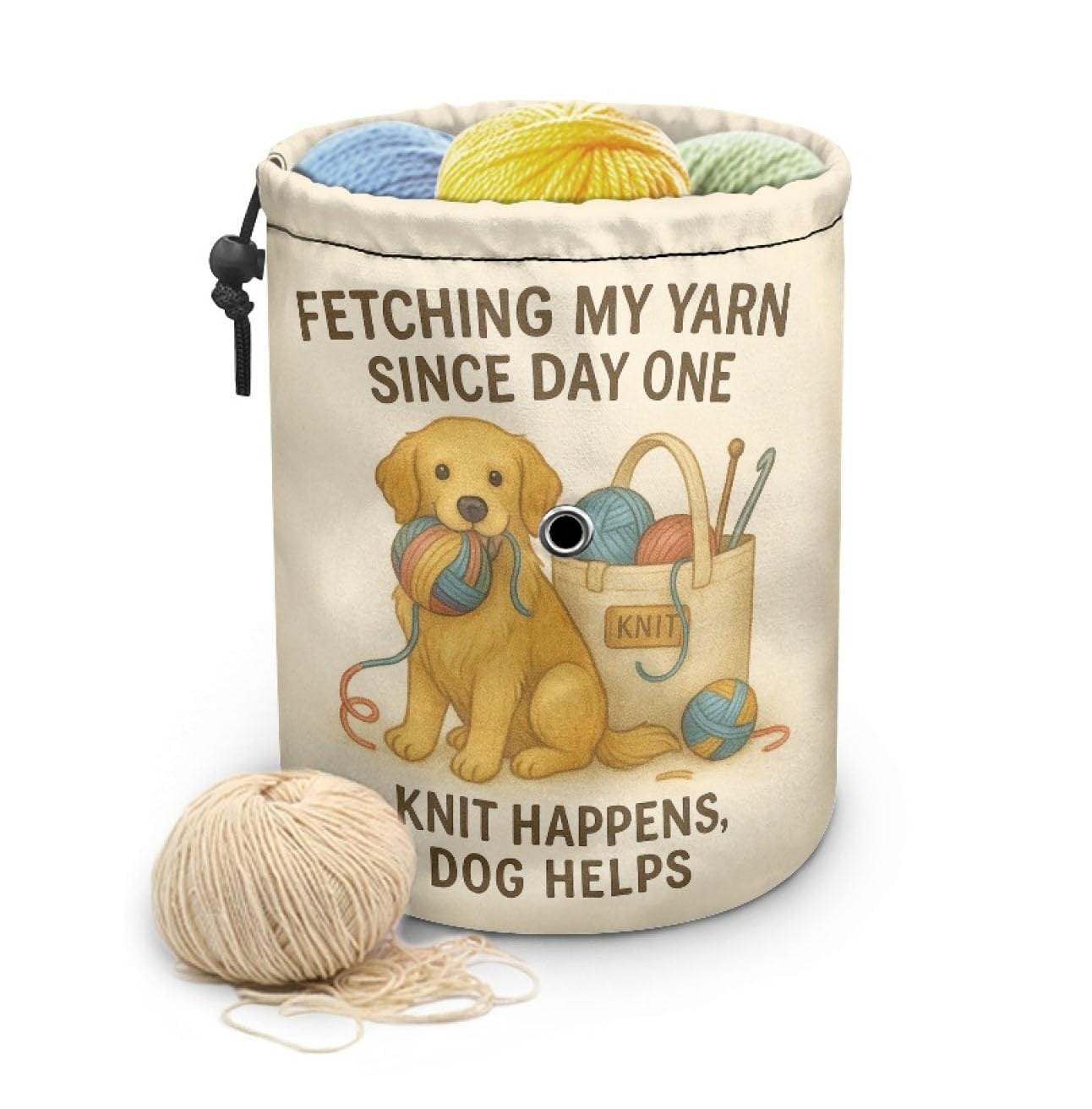 Knitting Crochet Yarn Storage Bag – Durable Canvas Tote Organizer with Cute Pet & Thread Design | Holds Skeins, Hooks, Needles & Tools for Crafters and DIY Lovers