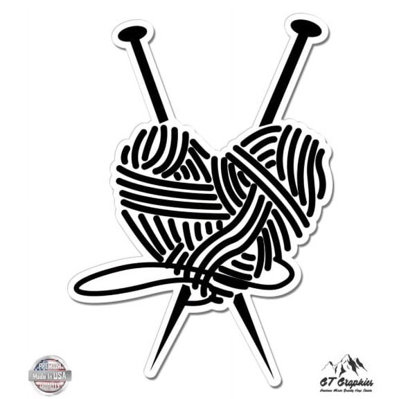 Knitting Heart Black - 5" Vinyl Sticker - For Car Laptop I-Pad - Waterproof Decal