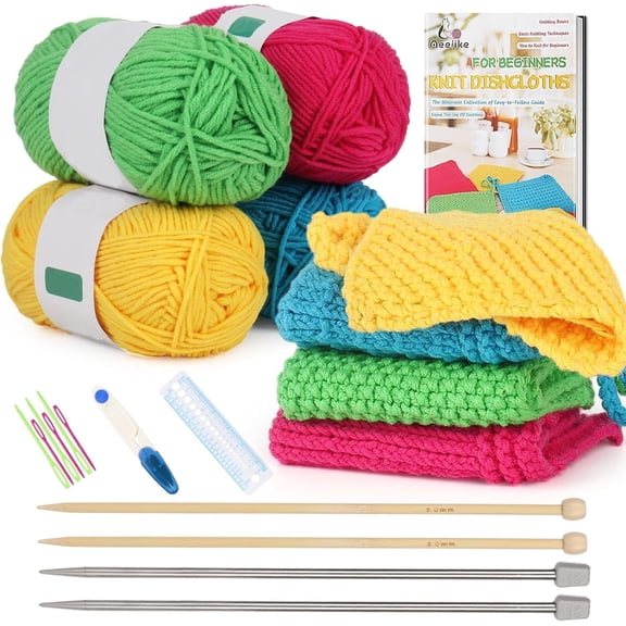 Knitting Kit for Beginners, Complete Beginner Easy Set Including Needles Cotton Yarn, Learn to Knit Dishcloth with Step-by-Step Instructions, Colorful