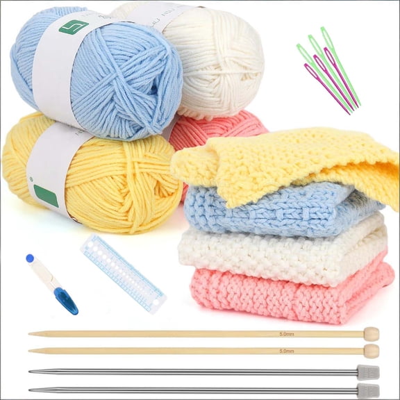 Knitting Kit for Beginners, Complete Easy Knitting Supplies, Including Needles, Cotton Yarn, Instructions