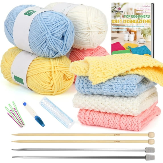 Knitting Kit for Beginners, Complete Beginner Knitting Kit Easy Knitting Set Including Knitting Needles Set Cotton Yarn, Learn to Knit Dishcloth with Step-by-Step Instructions, Colorful
