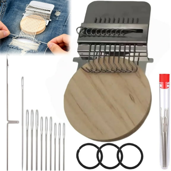 Knitting Kit for Beginners, Knit Patch Loom Kit, Mini Portable Patch Darning Loom with 14 Hooks, Patchwork Weaving Tool Set for Quickly Sewing Repair, Sewing Craft Supplies