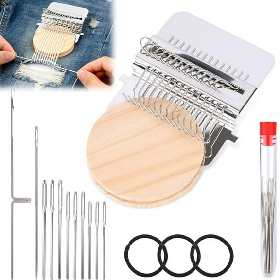 Knitting Kit for Beginners, Knit Patch Loom Kit, Mini Portable Patch Darning Loom with 14 Hooks, Patchwork Weaving Tool Set for Quickly Sewing Repair, Sewing Craft Supplies