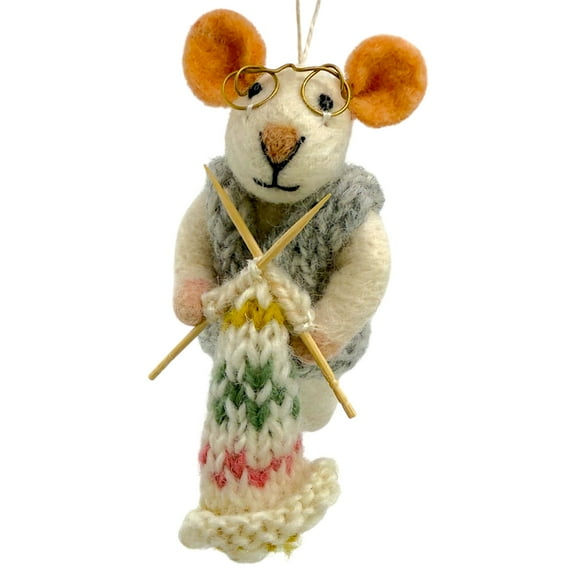 Knitting Mouse Ornament – Felted Wool Handmade Christmas Tree Holiday Decoration