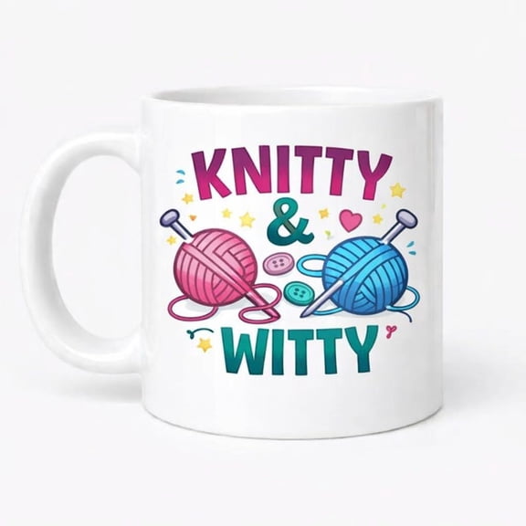 Knitting Mug Yarn Lovers Ceramic Cup 11oz, Microwave S1afe Knitty Whitty