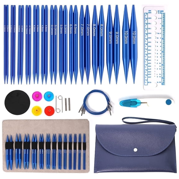 NHLKnit Interchangeable Circular Knitting Needles Set,13 Pairs 4‑Inch Aluminum 3‑10mm, Complete Knitting Kit with 4 Cables, Accessories & Storage Case, Blue