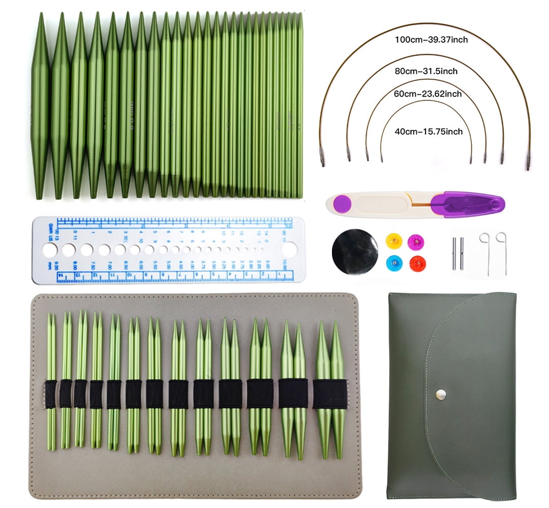 Knitting Needles Set Interchangeable Aluminum Circular Knitting Needles Set 13 Pairs of 4 Inch Premium Aluminum Needles & Accessories Green
