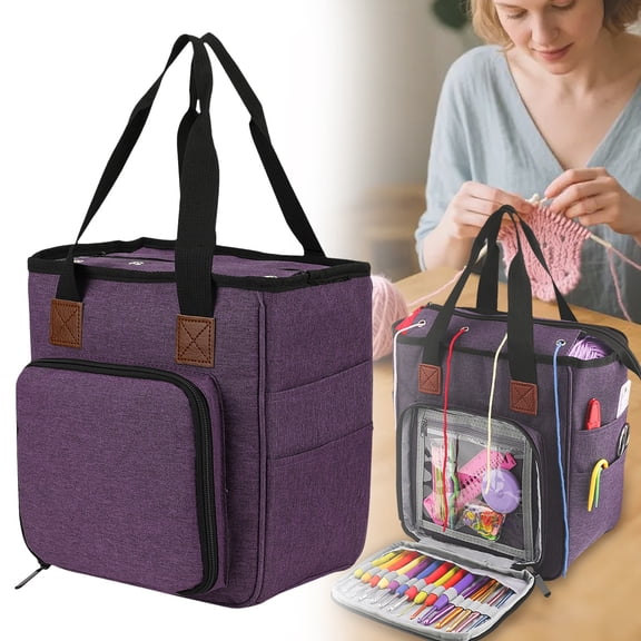 Knitting Project Bag Cozival Multi-Compartment Knitting Project Bag with Needle Organizer - Portable Storage for Yarn, Crochet Hooks, and Accessories, Perfect for Crafters on The Go, Purple