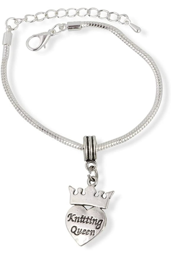 Knitting Queen with Crown Snake Chain Charm Bracelet