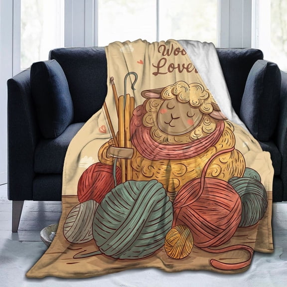 Knitting Sheep Throw Blanket, Cute Yarn & Needles Art, Cozy and Playful Home Decor 50x40