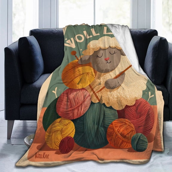 Knitting Sheep Throw Blanket, Cute Yarn & Needles Art, Cozy and Playful Home Decor 50x40