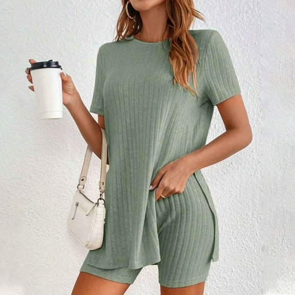 Knitwear Sets for Women Summer Crewneck Short Sleeve Side Split Long Tops and Shorts 2 Piece Casual Going Out Outfits (M, Green)