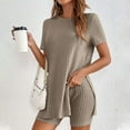 thumbnail image 1 of Knitwear Sets for Women Summer Crewneck Short Sleeve Side Split Long Tops and Shorts 2 Piece Casual Going Out Outfits (XL, Khaki) Summer Savings Deals Clearance, 1 of 7