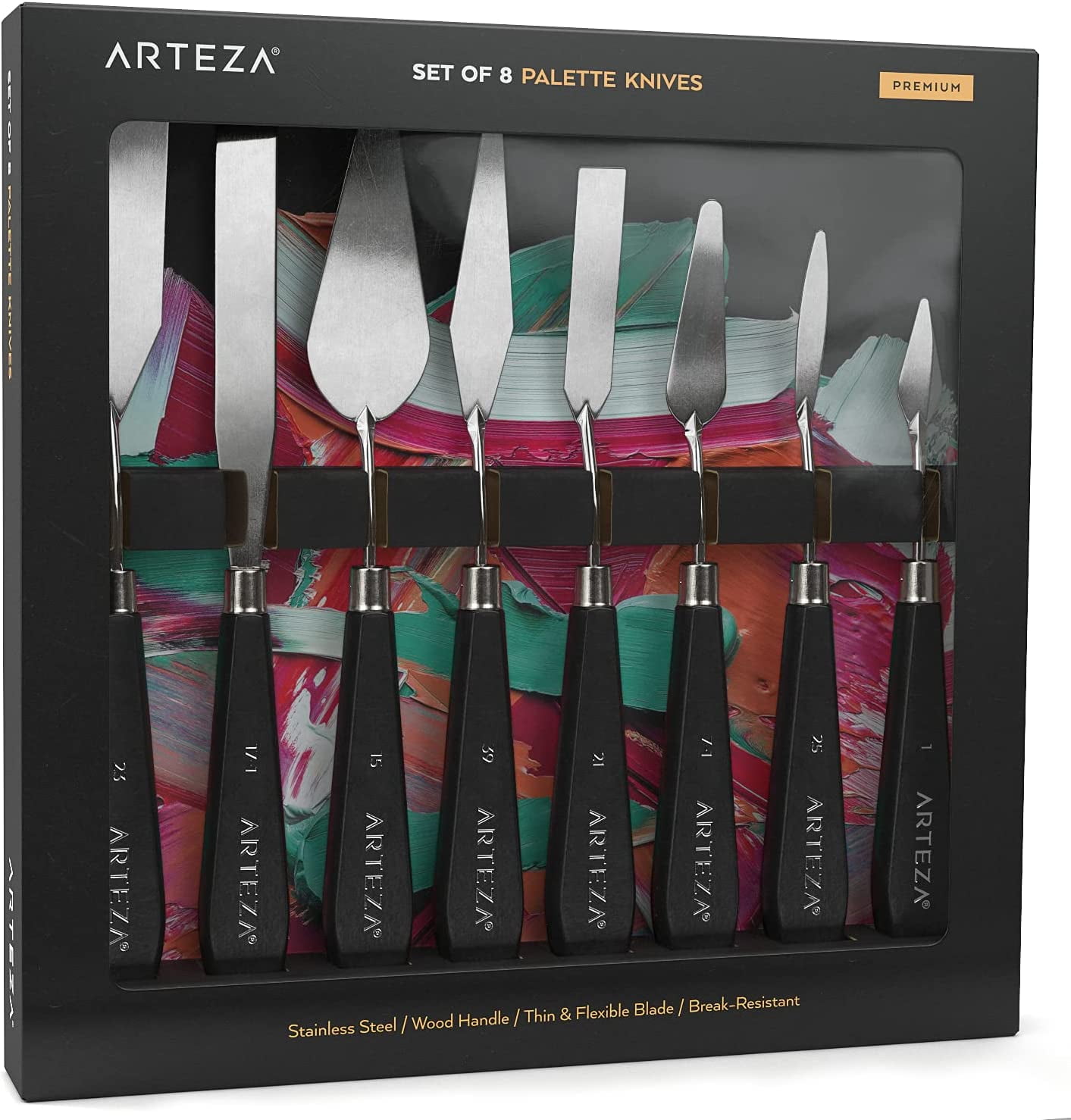 Knives 8-Pack, Sizes No. 1, 25, 7, 15, 39, 23, 17, 21, Durable Stainless Steel Blade & Break-Resistant Wooden Handle, Art Supplies for Oil & Acrylic Painting