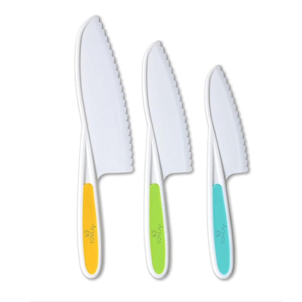 Knives for Kids 3-Piece Kitchen Cooking and Baking Knife Set: Montessori Children's Knives in 3 Sizes & Colors/Firm Grip,Serrated Edges,BPA-Free Kids' Toddler Knives (colors vary)