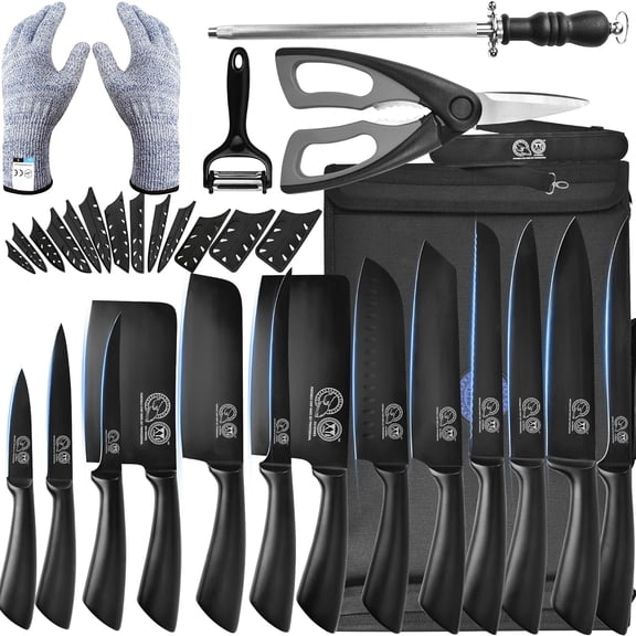 Knives,Professional Knife Sets for Master Chefs,Meat Cleaver Butcher for Camping,Chef Knife Set with Bag (Full Black)