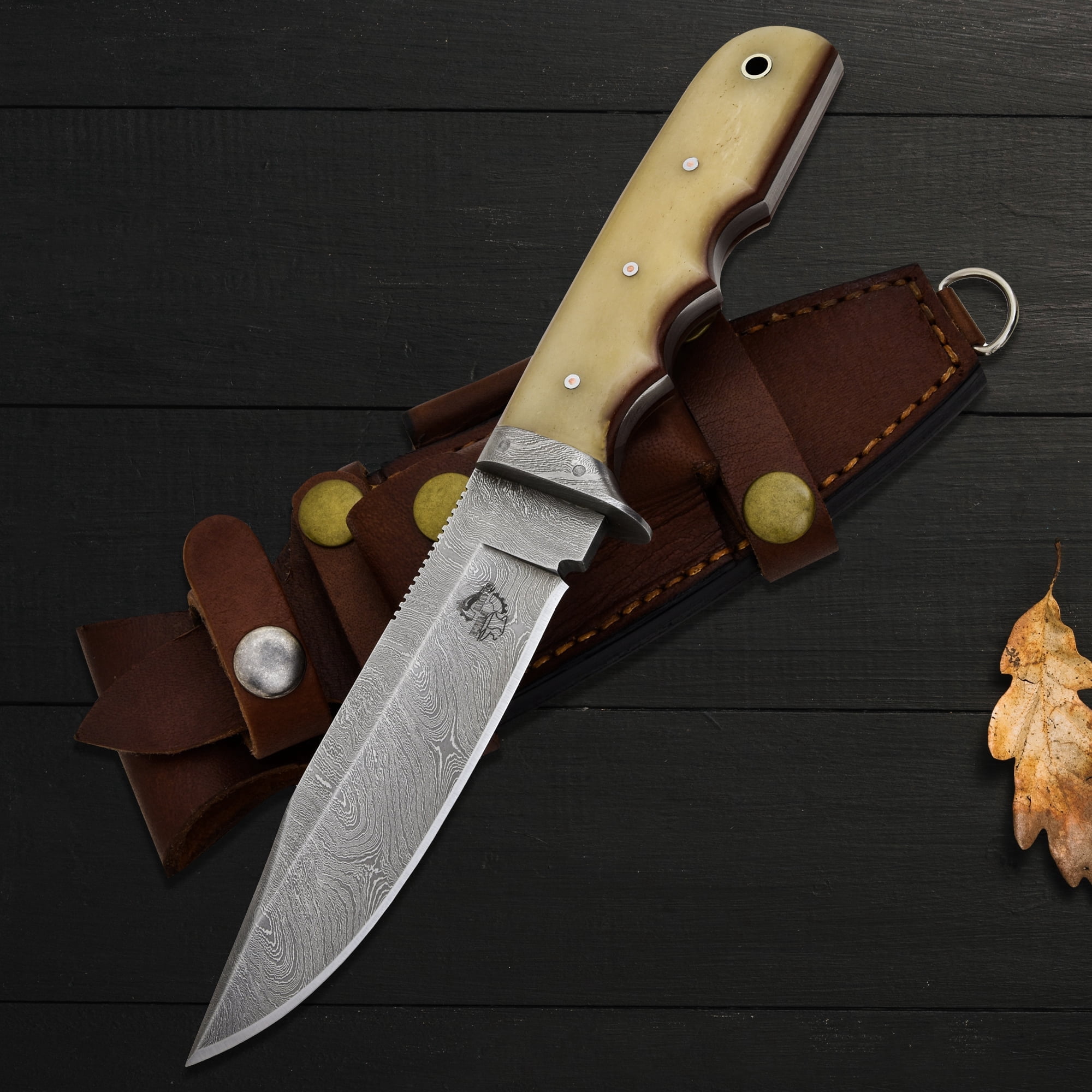 Knives Ranch 2151 Damascus Steel Hunting Knife with Bone Handle – Fixed Blade Utility Knife, Razor Sharp Camping & Outdoor EDC Knife