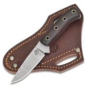 Knives Ranch Carbon Steel Damascus 7 inch Knife, Fixed Blade, Rosewood Handle, Leather Sheath