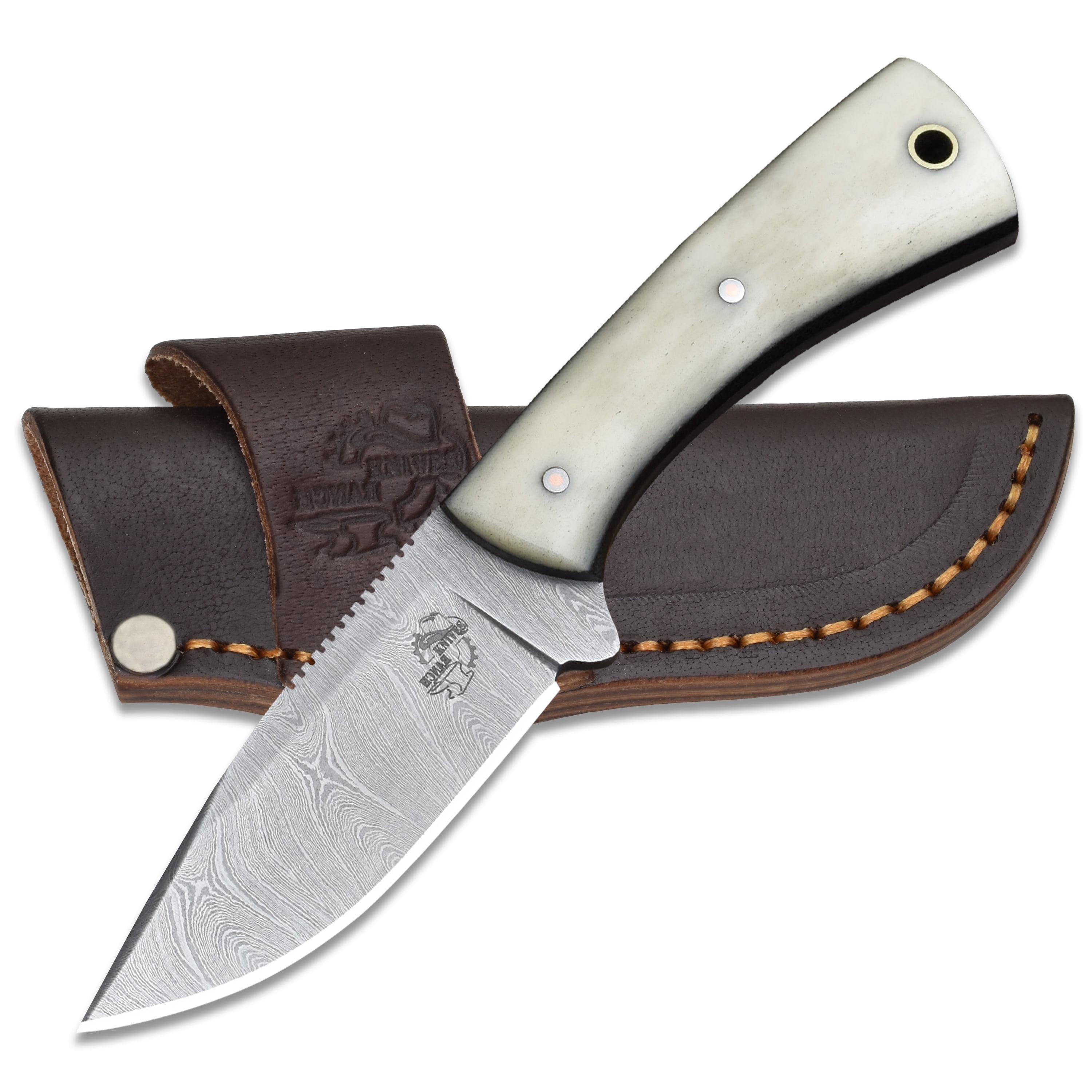 Knives Ranch 4402 Damascus Steel Fixed Blade Knife with Bone Handle – Hand Forged Hunting Knife, Razor Sharp Outdoor Camping Survival Knife