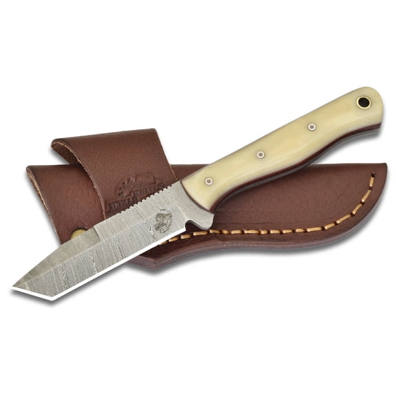 Knives Ranch Handmade 7 inch EDC Tanto Knife - Full Tang Damascus Steel Blade - Compact Everyday Ranch Utility Knife - Natural Cattle Handle - Genuine Leather Sheath - Horizontal Belt Carry (Snug Fit
