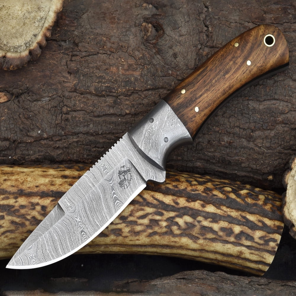 Knives Ranch Handmade Damascus Steel Hunting Full Tang Utility Knife with Indian Rosewood Handle and Heavy-Duty Cow Leather Horizontal Cowboy Style Sheath (2142-IRW)