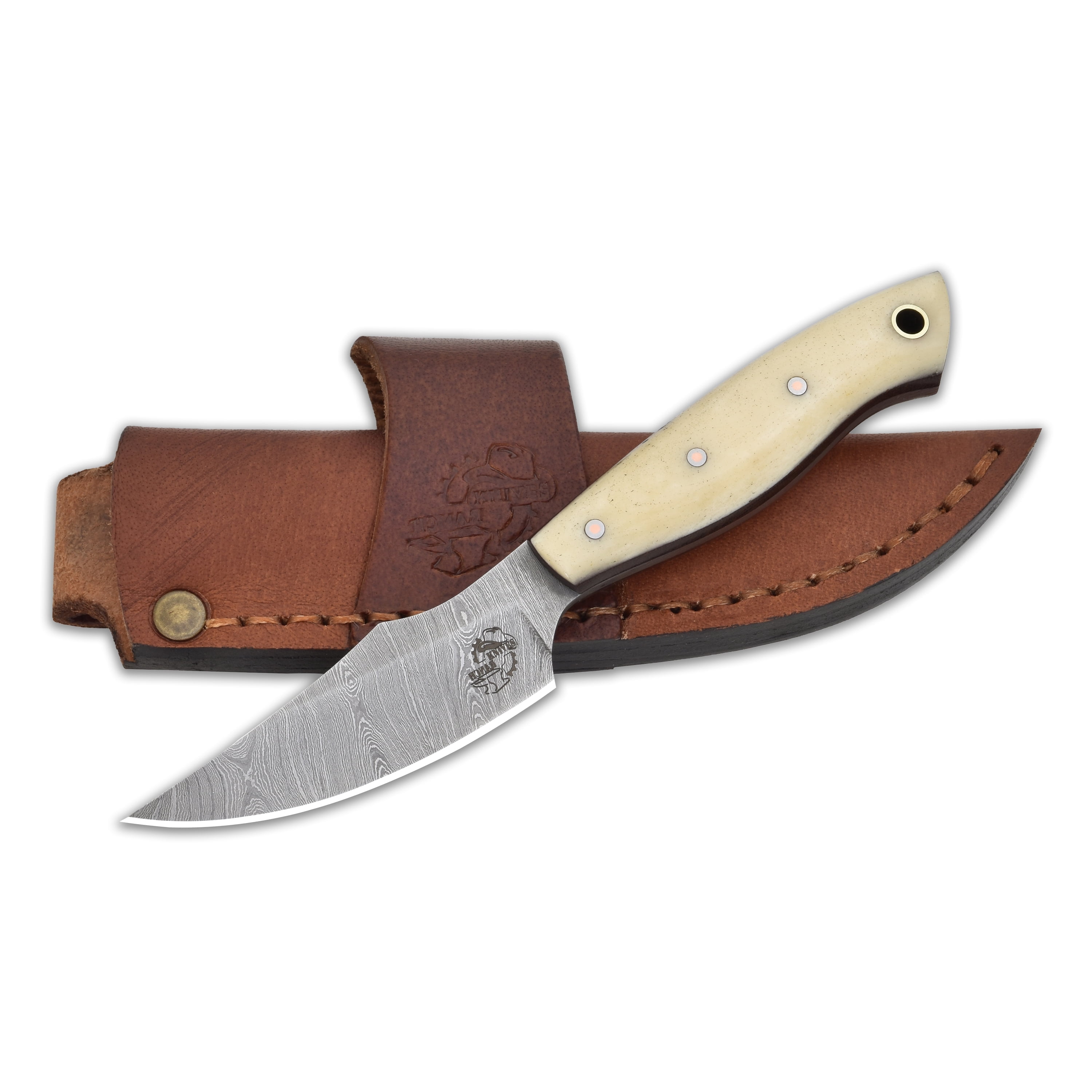 Knives Ranch Handmade EDC Fixed Blade Hunting Knife – Forged Damascus Steel – Natural Cattle Bone Handle – Horizontal Carry Sheath – Outdoor Cowboy Knife (3180-B)