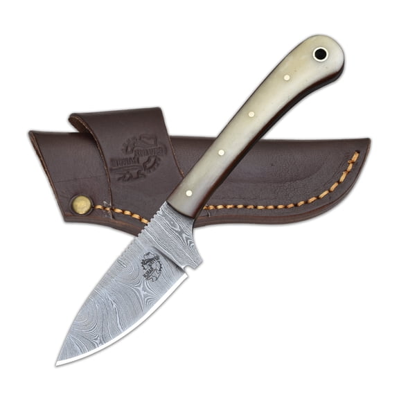 Knives Ranch 2011 Compact Damascus Steel Fixed Blade EDC Knife with Bone Handle – Sharp Utility Knife for Camping, Outdoor & Everyday Carry Use