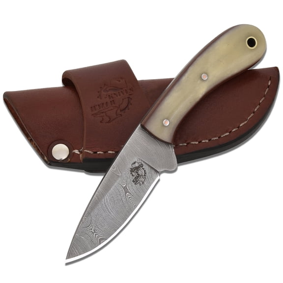 Knives Ranch Handmade EDC Knife - Full Tang Damascus Steel - Bone Handle - Horizontal Carry Cowboy Sheath Snug Fit (4404-B)