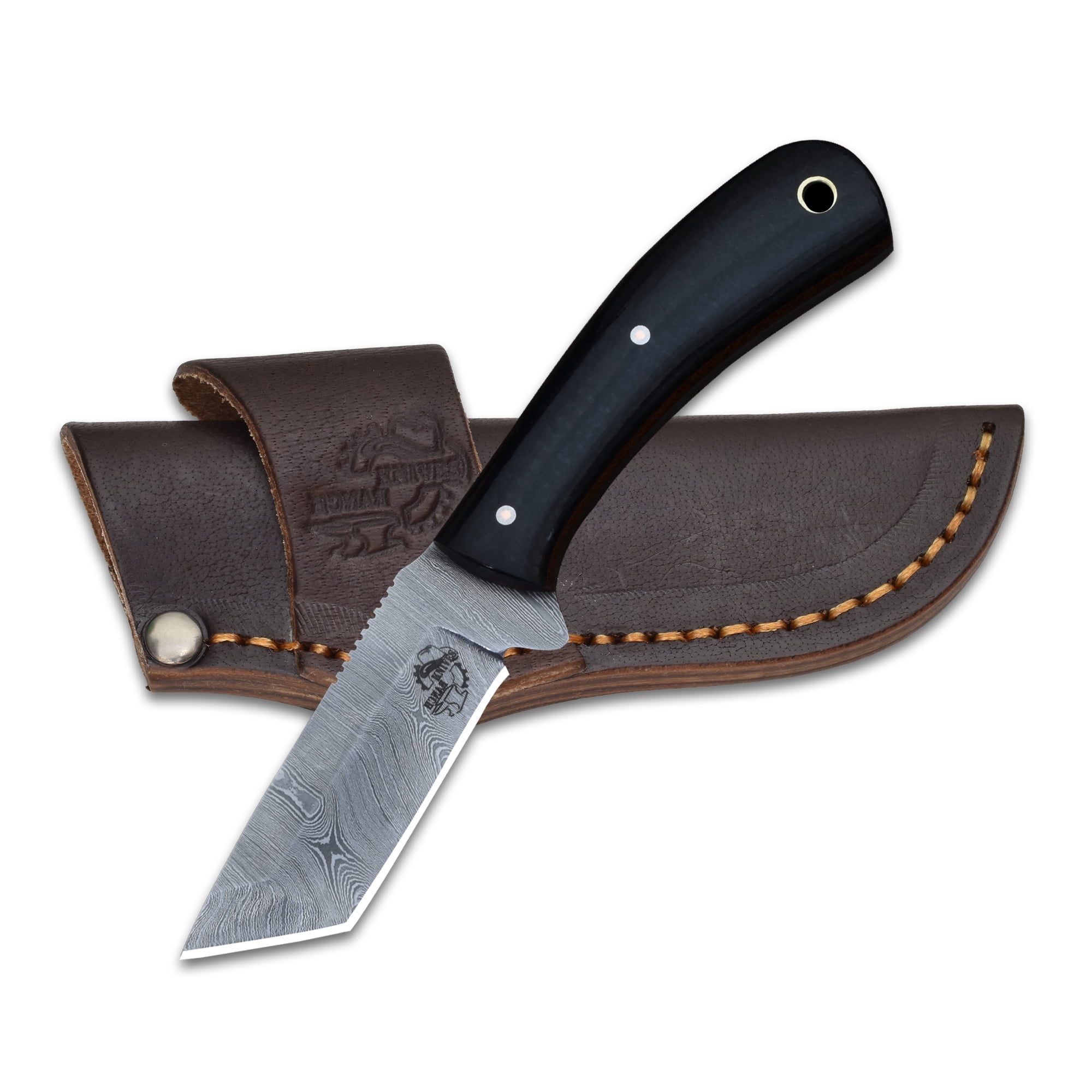 Knives Ranch Handmade Everyday Carry Knife - Full Tang Damascus Steel Blade - Horizontal Leather Sheath - Fixed Blade Utility Knife with Micarta Handle