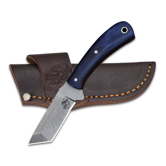 Knives Ranch Handmade Everyday Carry Knife - Full Tang Damascus Steel Blade - Horizontal Leather Sheath - Fixed Blade Utility Knife with Bone Handle