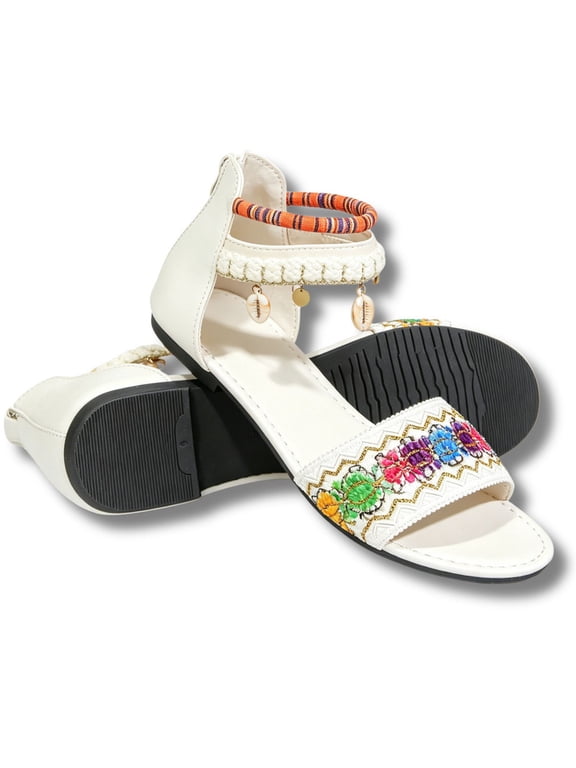 Boho Beaded Sandals for Women Comfortable Summer Ankle Strap Gladiator Sandals with Back Zipper Flat Sandals for Casual Beach & Dressy