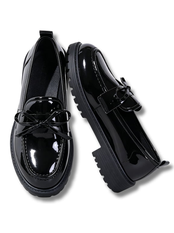 Chunky Low Heel Slip On Loafers for Women Patent Leather Bow Vintage Loafers Round Toe Platform Shoes for Office Casual Walking Occasions