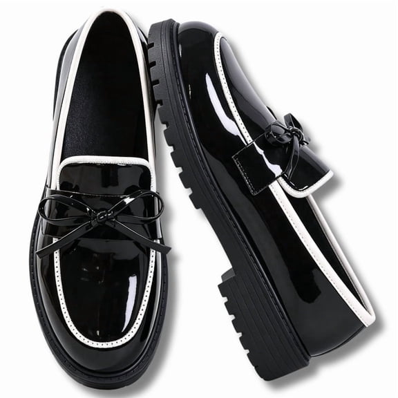 Knivor Chunky Low Heel Slip On Loafers for Women Patent Leather Bow Vintage Loafers Round Toe Platform Shoes for Office Casual Walking Occasions