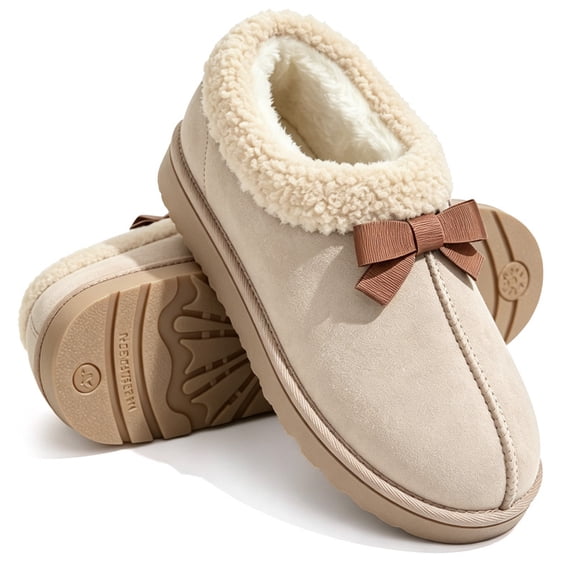 Knivor Cozy Bootie Slippers for Women with Cute Bow Fuzzy Slippers Slip On Warm Furry Ankle Bootie Slippers Anti-Slip Sole for Indoor Outdoor House Shoes