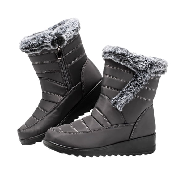 Knivor Cozy Mid Calf Winter Boots for Women Faux Fur Trim Fleece Lined Collar Side Zipper Wedge Heel Winter Snow Boots Water Resistant for Outdoor Casual